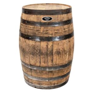 Wooden whiskey barrel with logo