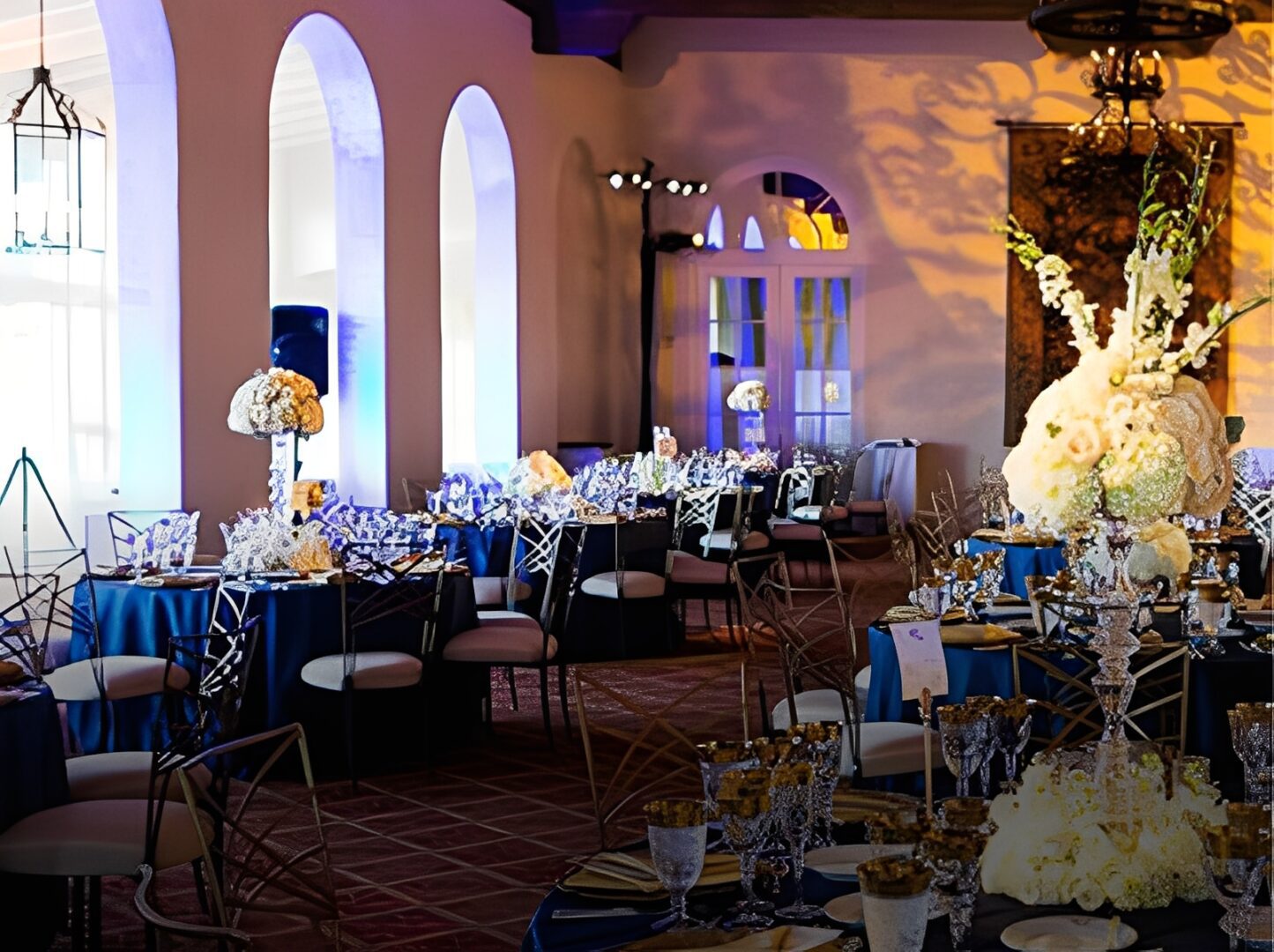 Elegant banquet hall with floral centerpieces